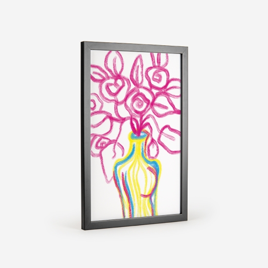 Poster de um vaso com flores em tons vibrantes de amarelo, rosa e azul. 3